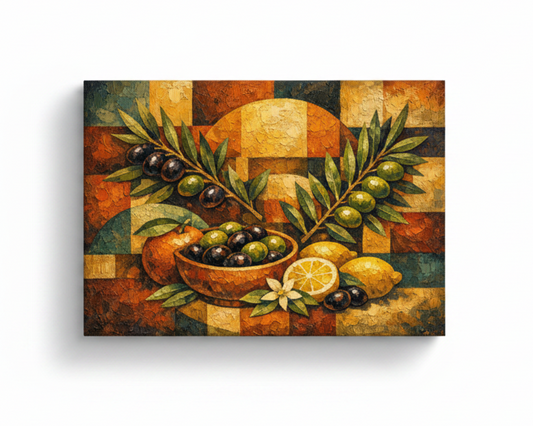 Mediterranean harvest olives and citrus cubist still life canvas wall art on white background - Portugal Canvas Co