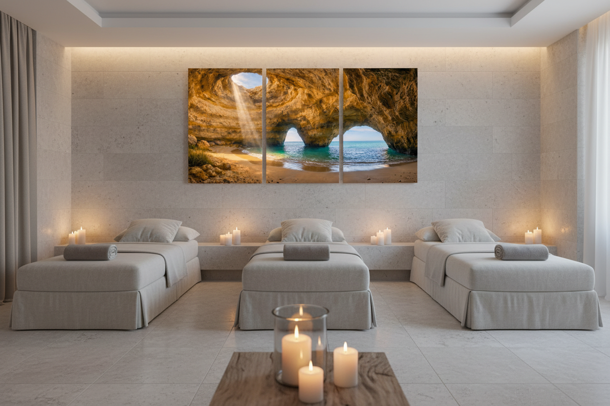 Benagil cave triptych canvas wall art on wall of luxury hotel spa relaxation lounge with linen day beds, natural stone and candles - Portugal Canvas Co