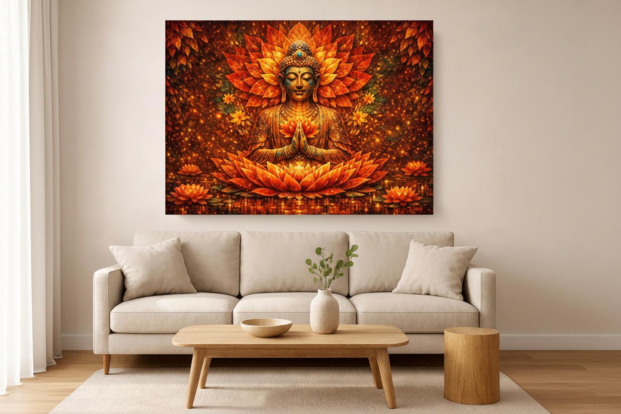 Radiant Buddha meditation golden lotus energy canvas wall art above a cream sofa in a warm minimalist living room - Portugal Canvas Co