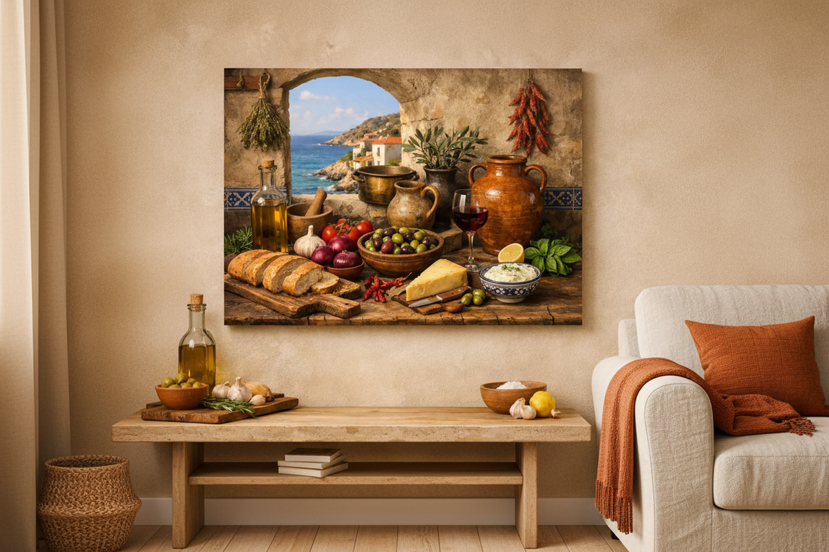 Mediterranean coastal kitchen still life canvas wall art displayed in a cosy living room - Portugal Canvas Co