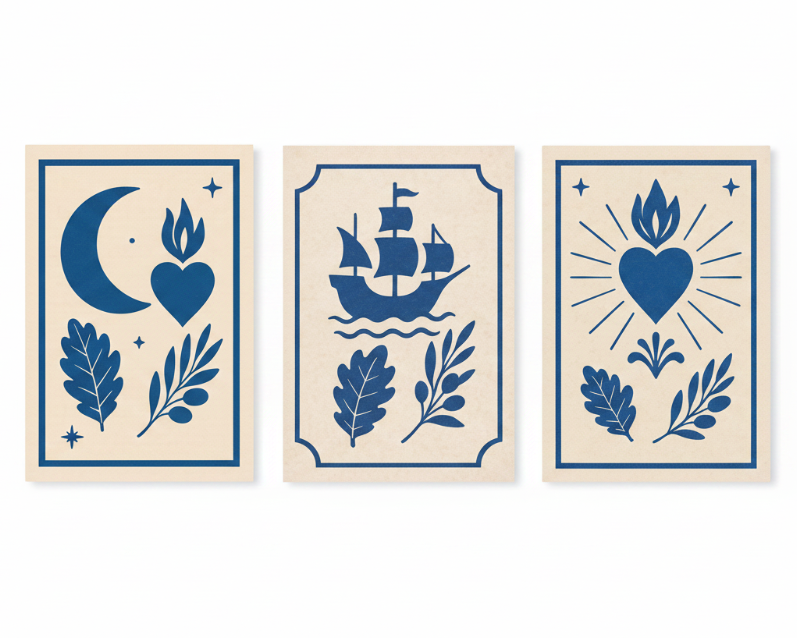 Nautical folk art moon ship and heart triptych canvas wall art set flat lay on white background - Portugal Canvas Co