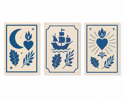 Nautical folk art moon ship and heart triptych canvas wall art set flat lay on white background - Portugal Canvas Co