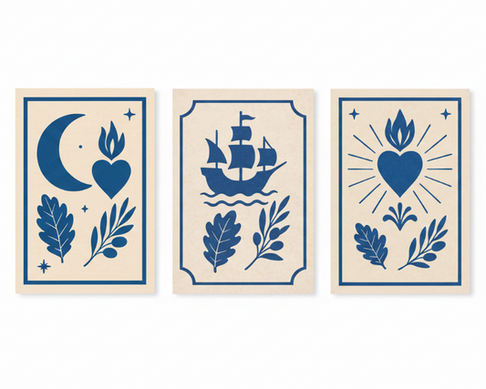 Nautical folk art moon ship and heart triptych canvas wall art set flat lay on white background - Portugal Canvas Co