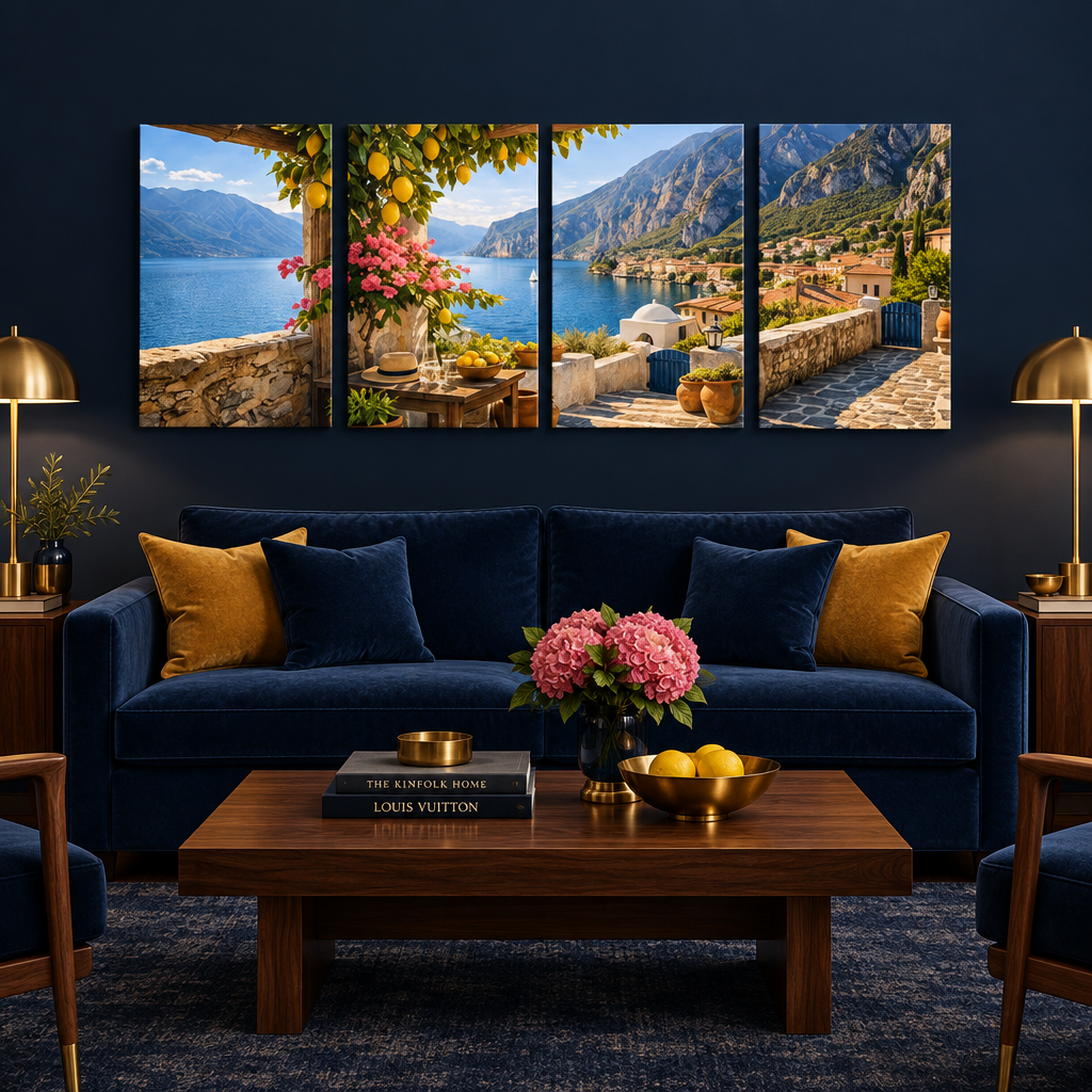 Mediterranean terrace four-panel canvas set with lemons and pink flowers above a navy sofa - Portugal Canvas Co