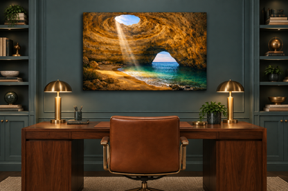 Benagil sea cave landscape canvas displayed in a teal home study - Portugal Canvas Co