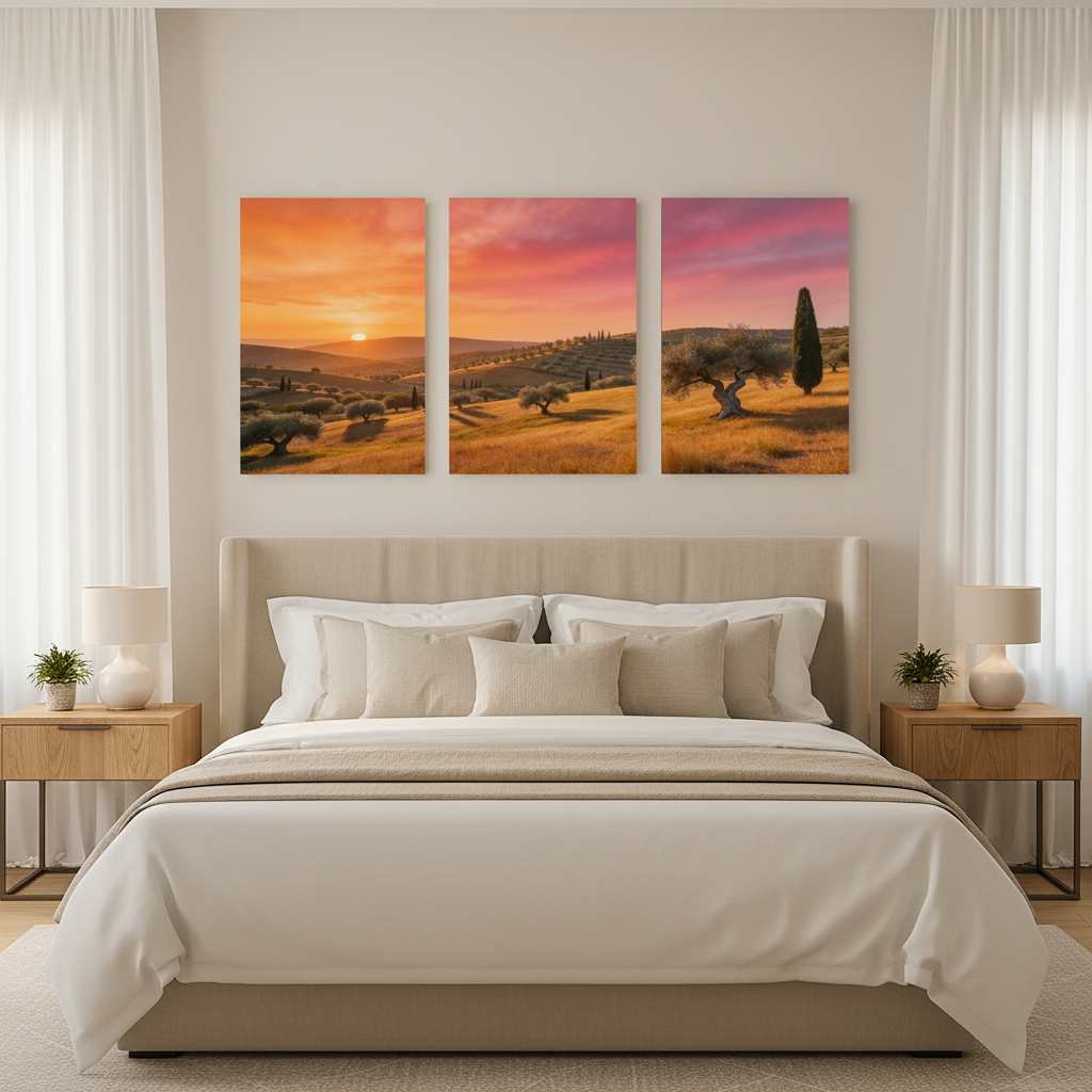 Mediterranean sunset landscape triptych olive grove canvas wall art displayed in bedroom interior - Portugal Canvas Co
