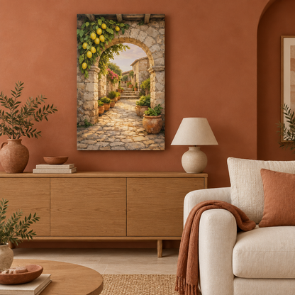 Lemon and stone archway canvas wall art in a terracotta living room - Portugal Canvas Co