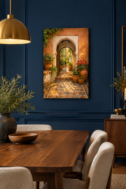 Moorish arched courtyard gate canvas print in an elegant navy blue dining room - Portugal Canvas Co