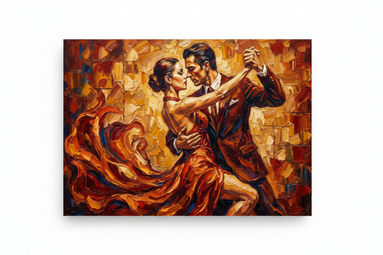 Passionate tango couple expressive canvas wall art flat lay on white background - Portugal Canvas Co