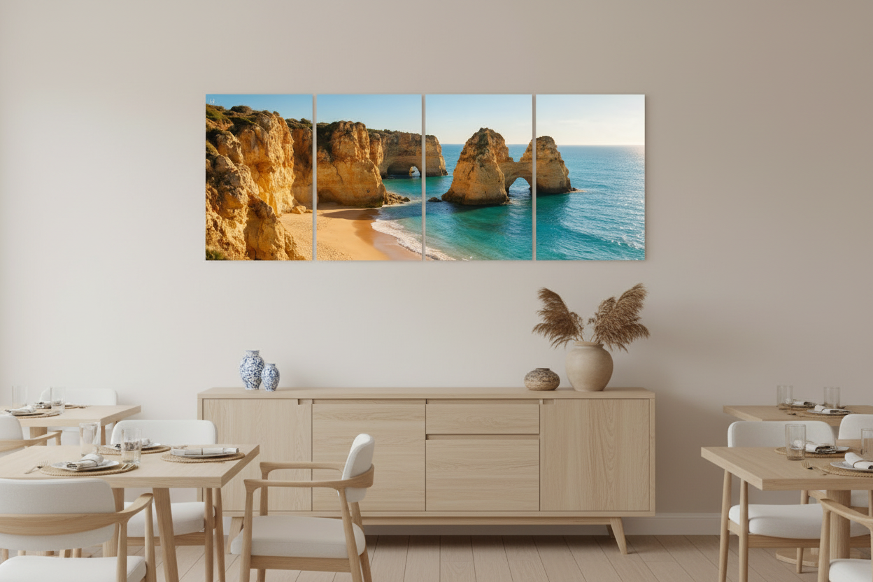 Four-panel Albufeira beach canvas wall art in a light coastal restaurant with even indoor lighting - Portugal Canvas Co