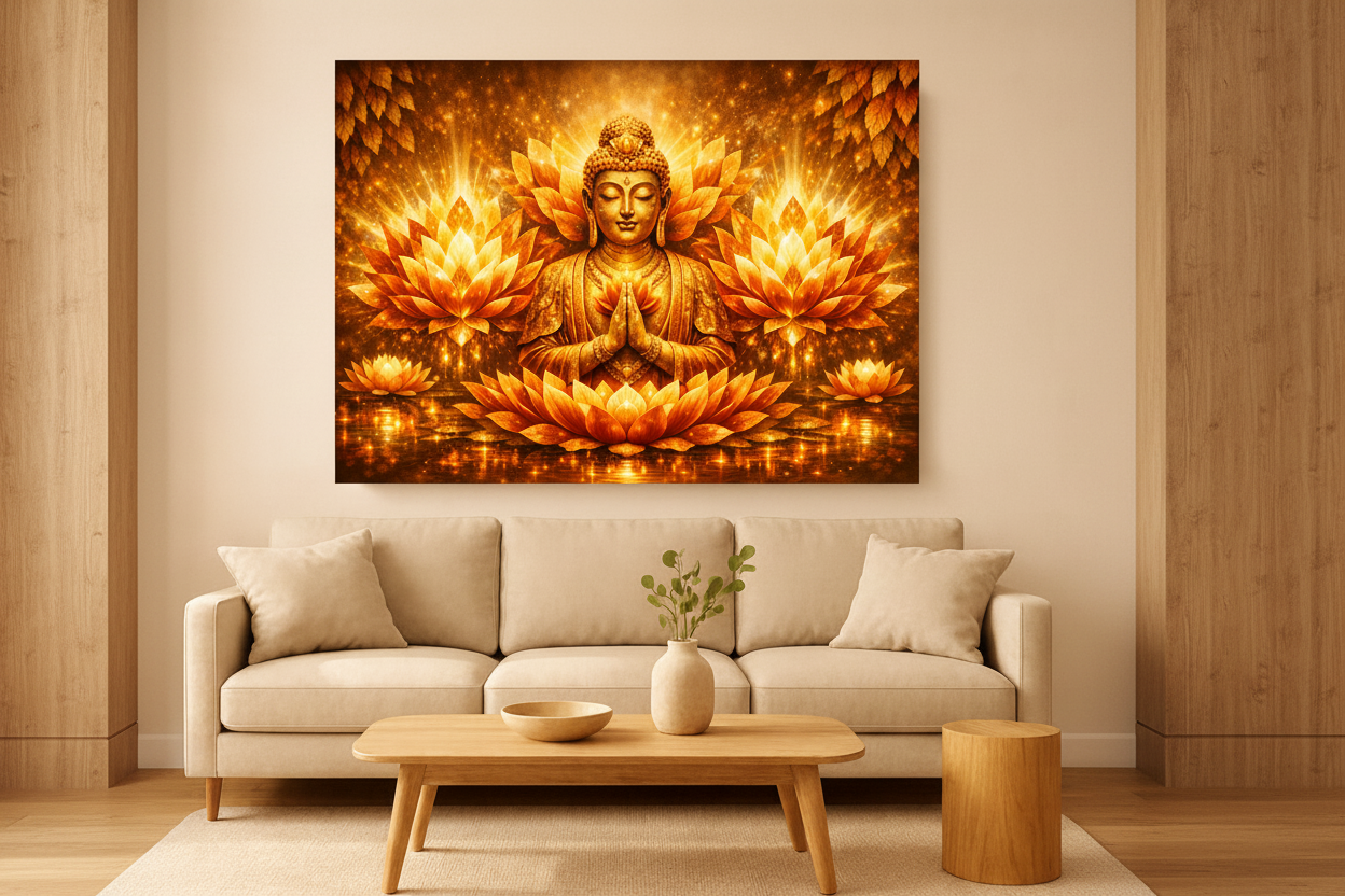 Golden Buddha meditation radiant lotus glow canvas wall art above a cream sofa in a warm minimalist living room - Portugal Canvas Co