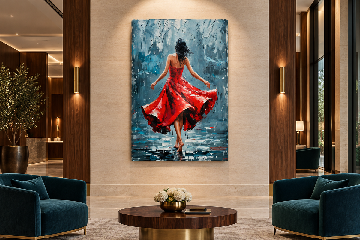 Red dress dancer portrait canvas displayed in a boutique hotel lobby - Portugal Canvas Co