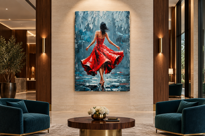 Red dress dancer portrait canvas displayed in a boutique hotel lobby - Portugal Canvas Co