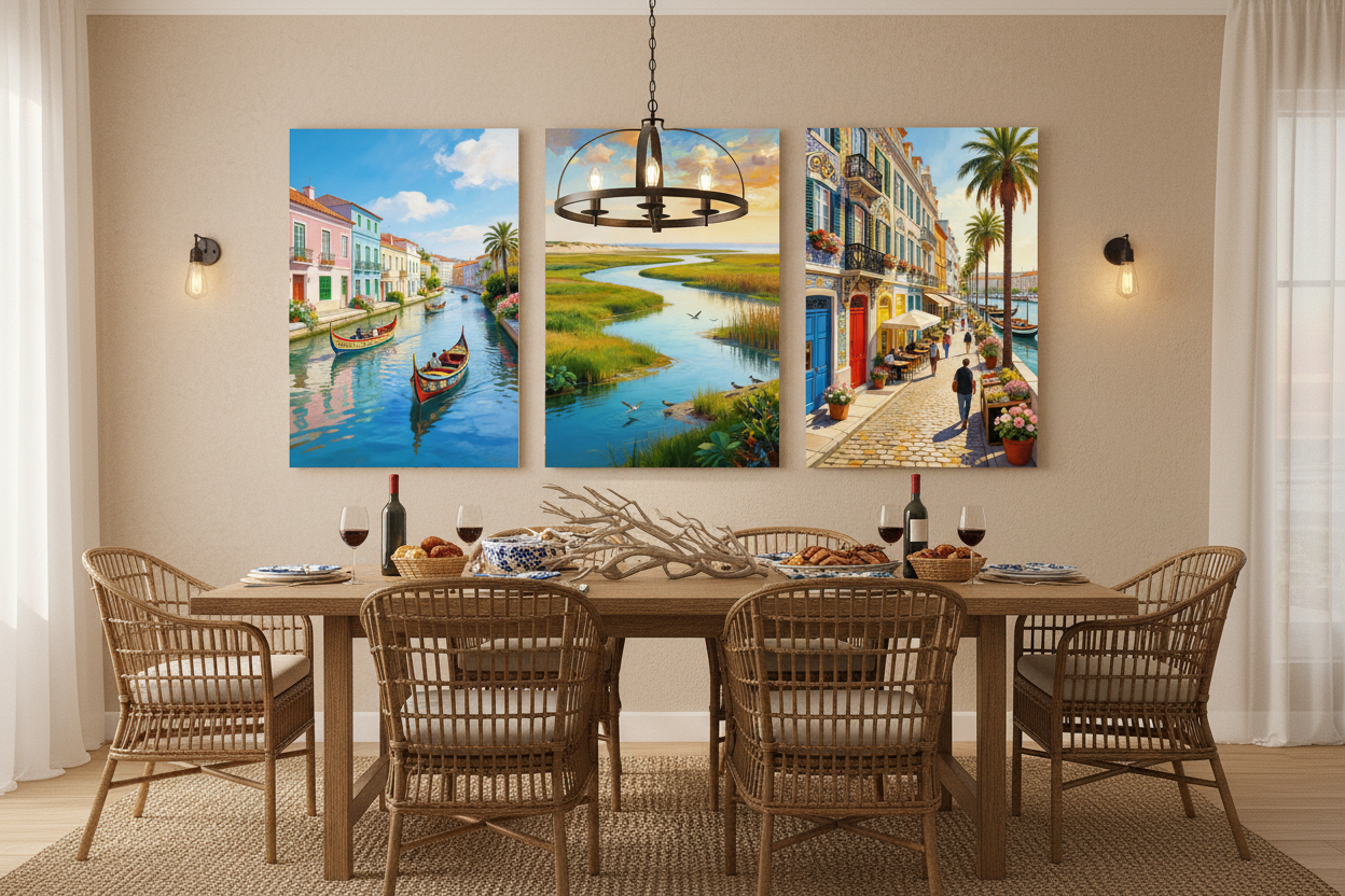 Aveiro canal moliceiro boats triptych canvas wall art set displayed in a warm rustic dining room interior - Portugal Canvas Co