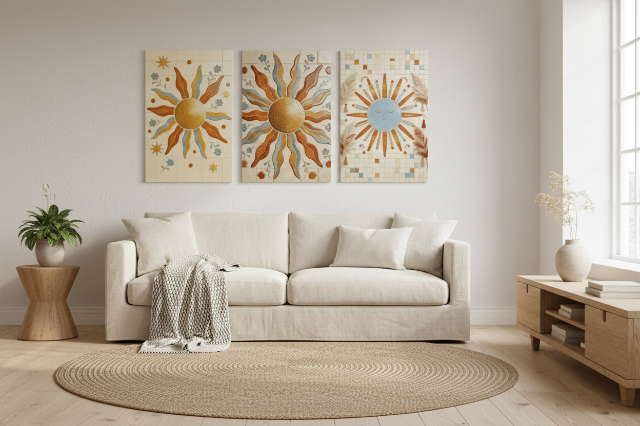 Three-panel boho Mediterranean sun mosaic triptych canvas wall art with terracotta, gold and blue tones displayed above a cream sofa in a bright Scandinavian living room with natural wood accents - Portugal Canvas Co