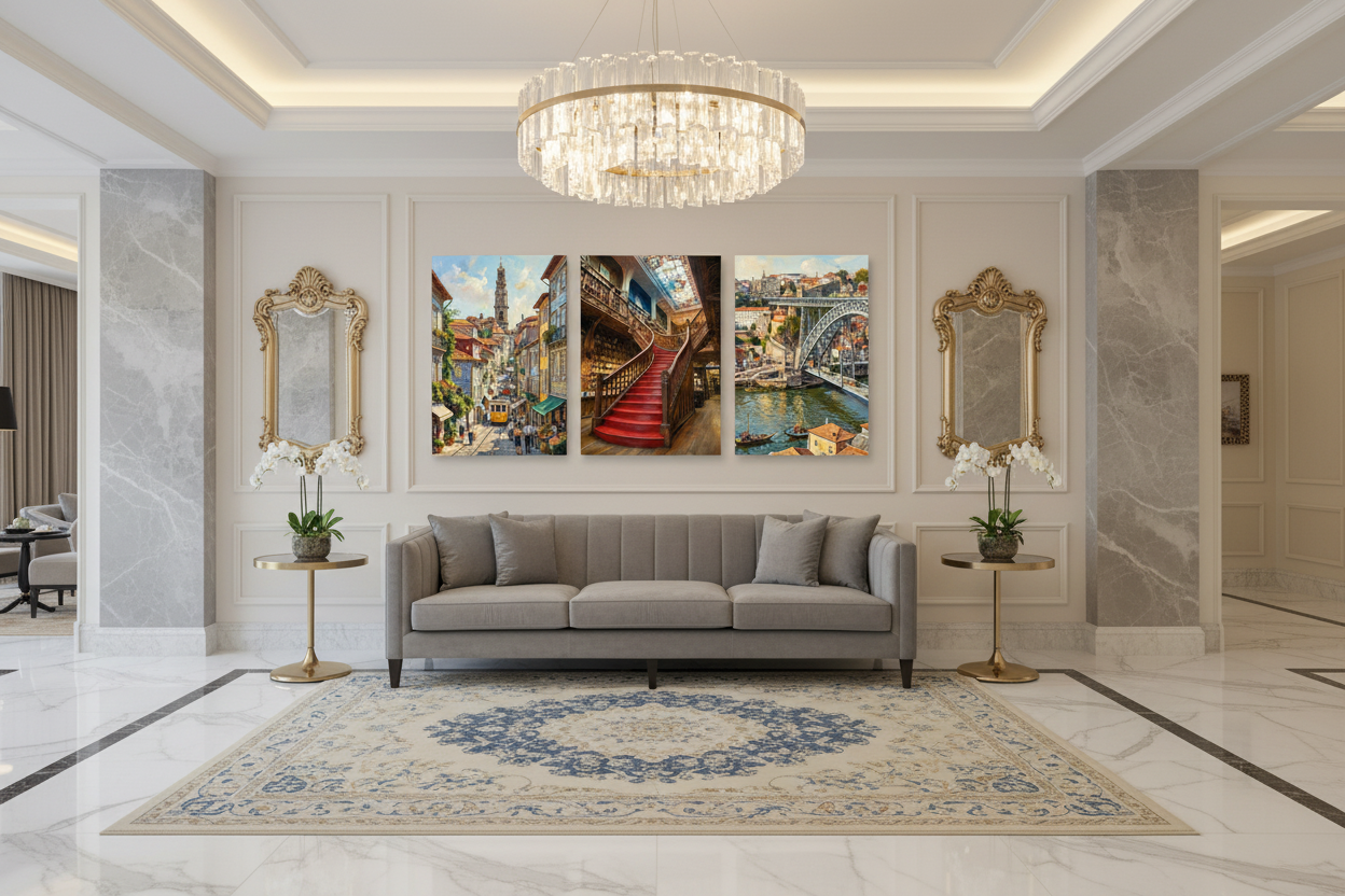 Porto Portugal three-panel canvas print set featuring Dom Luís Bridge, historic tram and Lello bookstore interior displayed in a luxury hotel lobby - Portugal Canvas Co