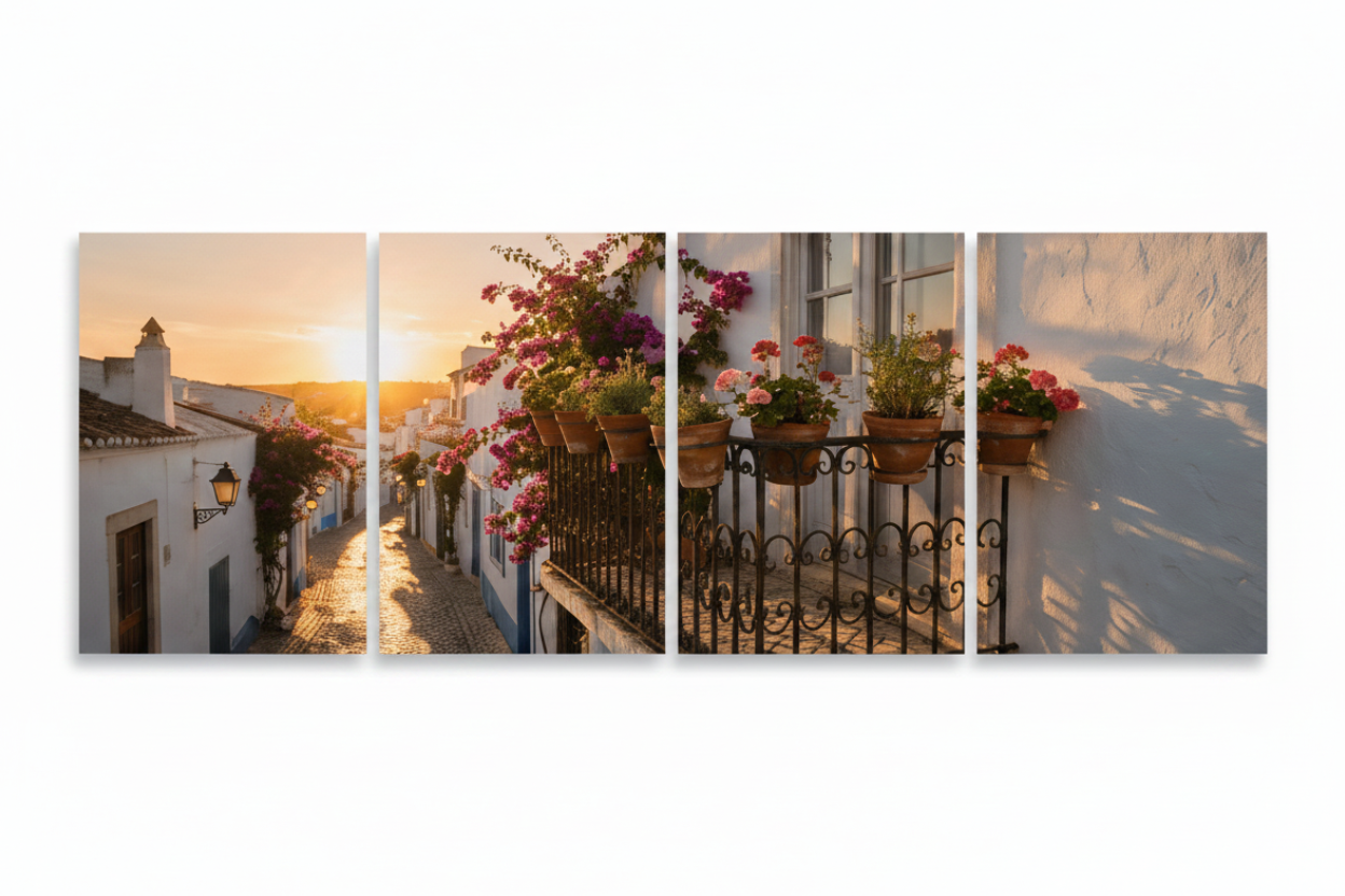 Close-up Old Town Albufeira four-panel canvas wall art on a white background - Portugal Canvas Co