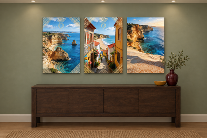 Portuguese coastal three-panel canvas artwork above a console in a sage green hallway - Portugal Canvas Co