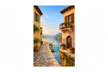 Vertical lakeside village canvas with stone walkway and balcony centred on a 3:2 white background - Portugal Canvas Co