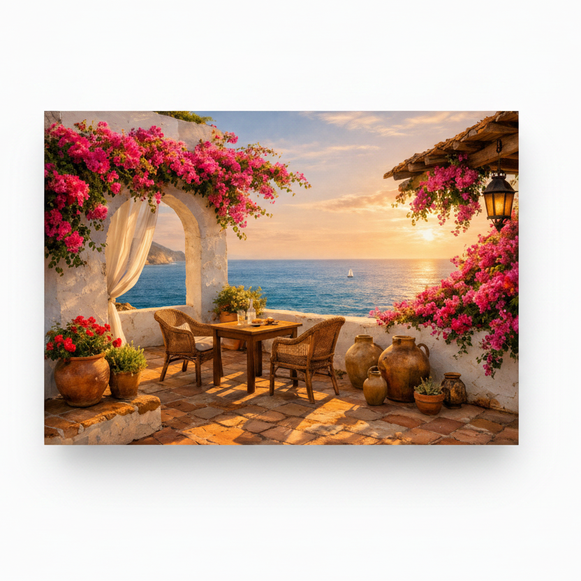Seaside terrace with bougainvillea and ceramic jugs canvas wall art on white background - Portugal Canvas Co
