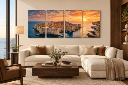 Dubrovnik Sunset four-panel canvas above an ivory sofa in a warm walnut penthouse living room - Portugal Canvas Co