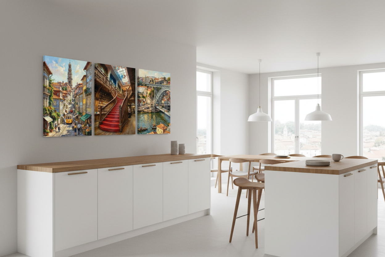 Porto Portugal three-panel canvas print set featuring Dom Luís Bridge, historic tram and Lello bookstore displayed in a modern open-plan kitchen-diner with white cabinets - Portugal Canvas Co