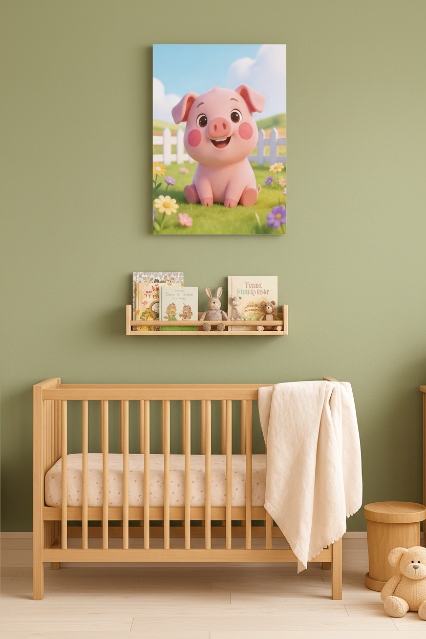 Cute piglet nursery canvas wall art on a sage green nursery wall above a wooden bookshelf - Portugal Canvas Co