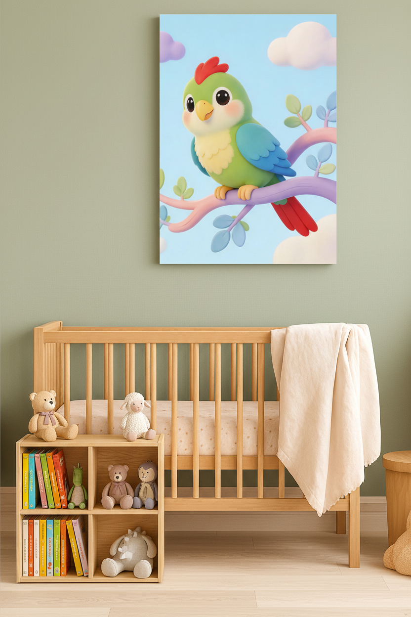 Cute parrot nursery canvas wall art on a sage green nursery wall above a wooden bookshelf - Portugal Canvas Co