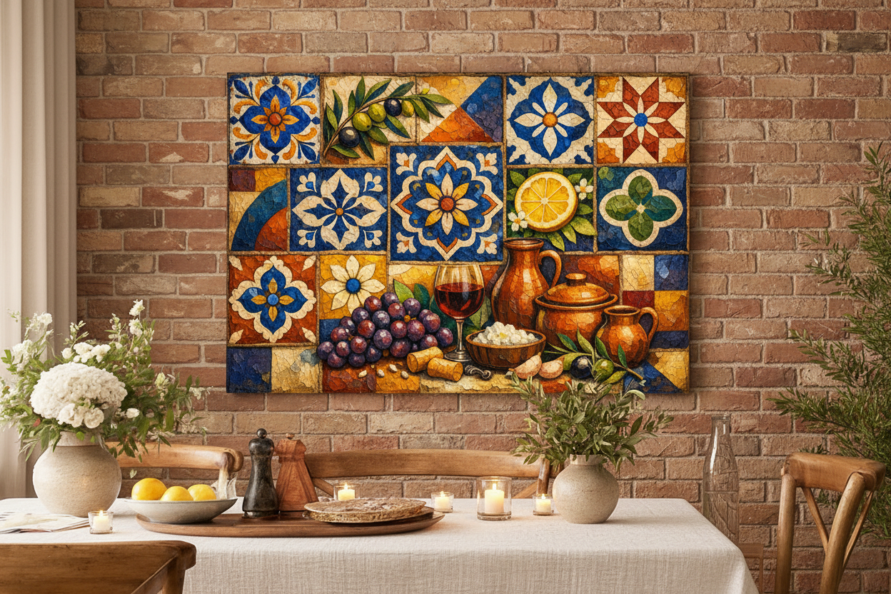 Mediterranean Mosaic Still Life Canvas displayed in a rustic Mediterranean restaurant dining room - Portugal Canvas Co