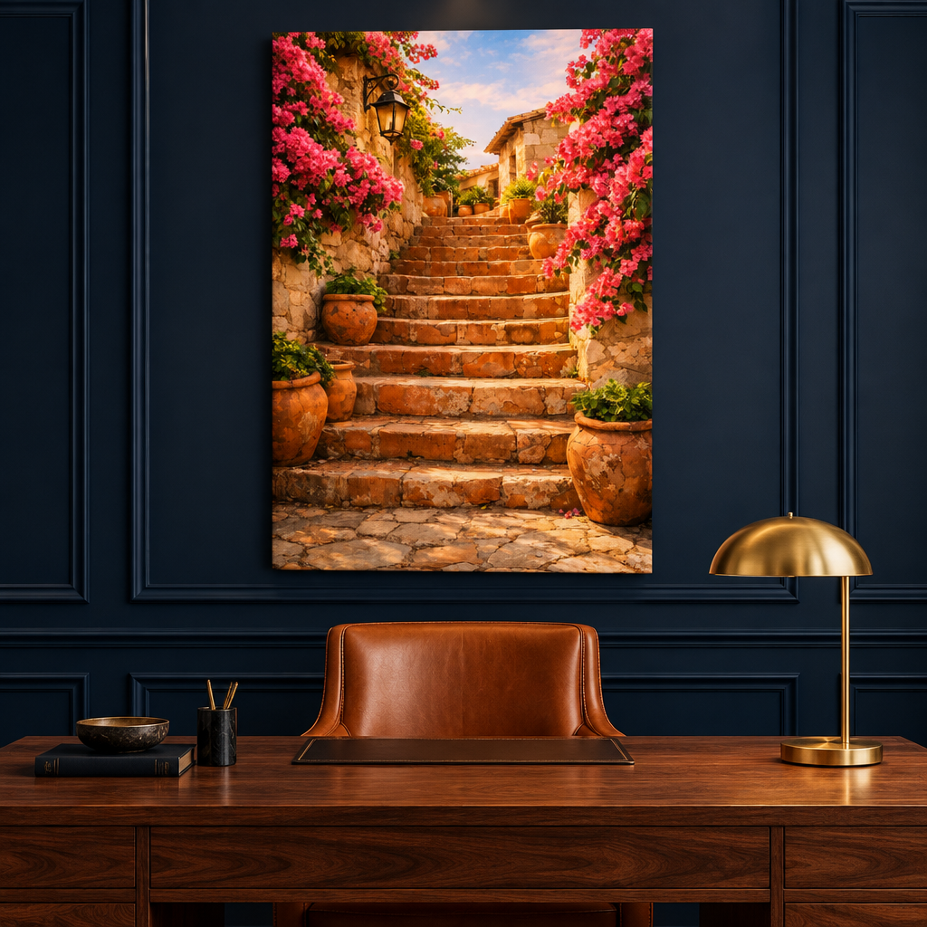 Pink bougainvillea and golden stone staircase canvas in a midnight navy luxury study - Portugal Canvas Co