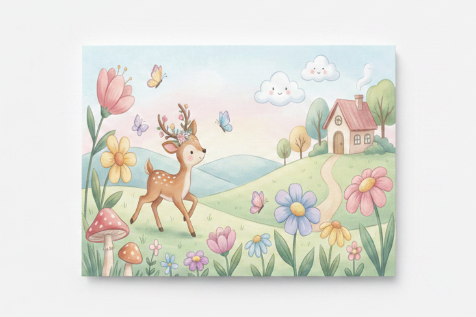 Whimsical deer with floral antlers woodland nursery canvas print flat lay on white background overhead view - Portugal Canvas Co