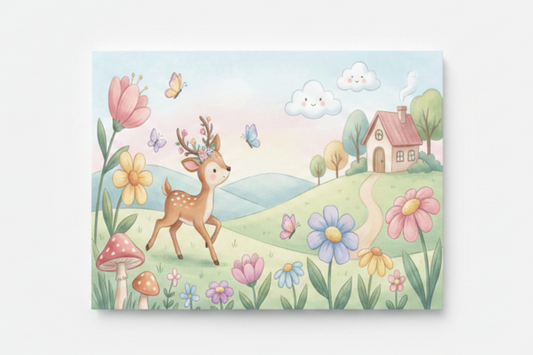 Whimsical deer with floral antlers woodland nursery canvas print flat lay on white background overhead view - Portugal Canvas Co