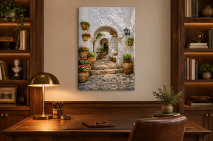 Whitewashed courtyard archway canvas above a walnut desk in a private study - Portugal Canvas Co