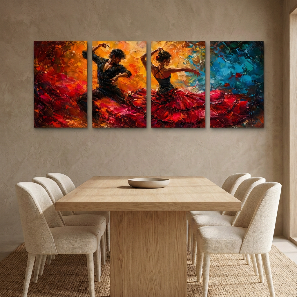 Four-panel flamenco dancer canvas art above an oak dining table with cream chairs - Portugal Canvas Co