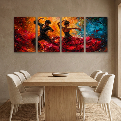 Four-panel flamenco dancer canvas art above an oak dining table with cream chairs - Portugal Canvas Co