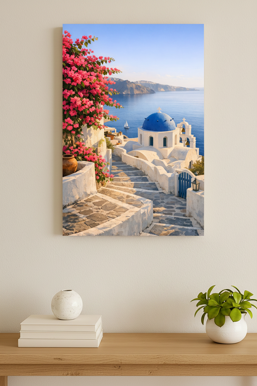 Santorini blue dome church canvas wall art with pink bougainvillea hung above a light oak console table with ceramic vase in a bright Mediterranean hallway - Portugal Canvas Co