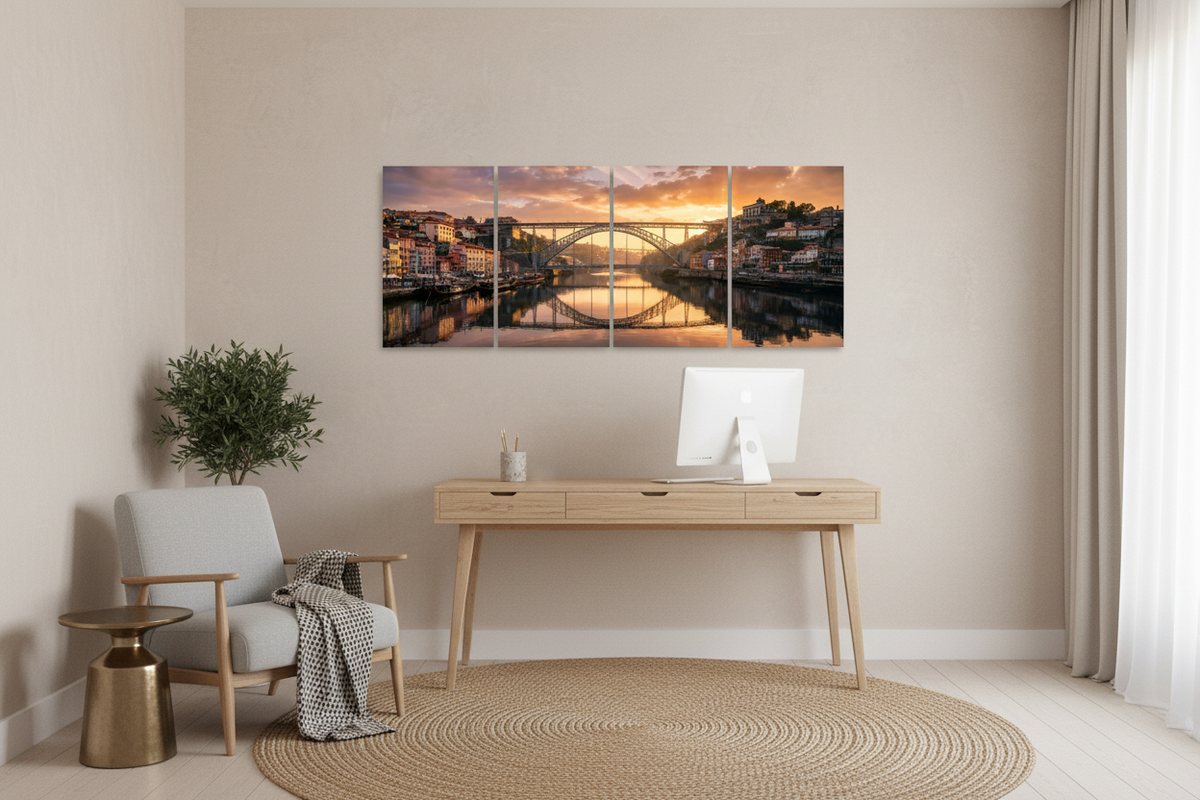 Porto bridge four-panel canvas in a light home office - Portugal Canvas Co