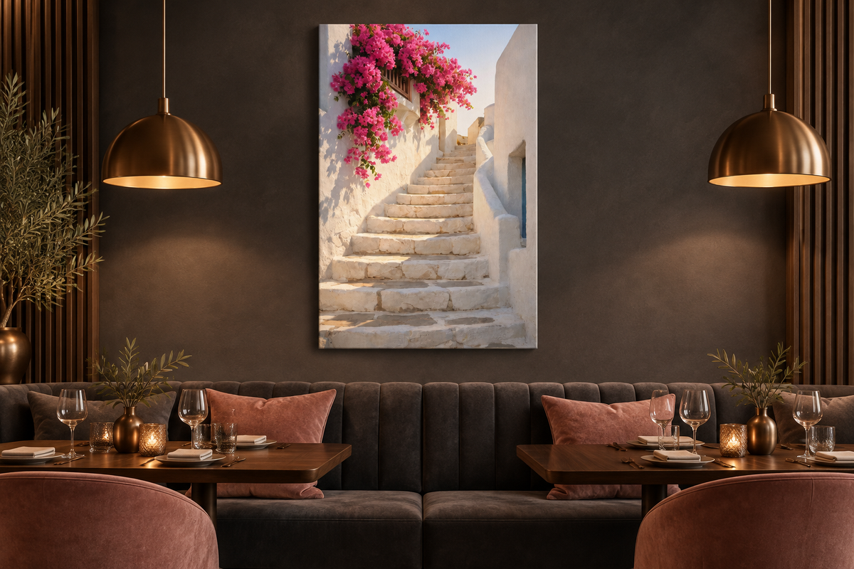 Greek staircase with pink bougainvillea canvas displayed in a charcoal and dusty rose restaurant lounge - Portugal Canvas Co