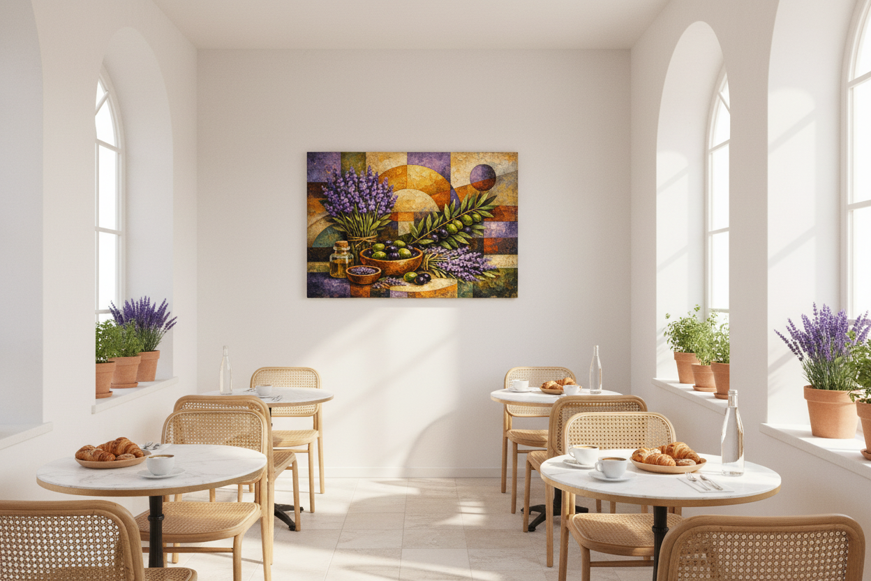 Lavender and olives cubist still life canvas wall art displayed in a bright Mediterranean café interior - Portugal Canvas Co