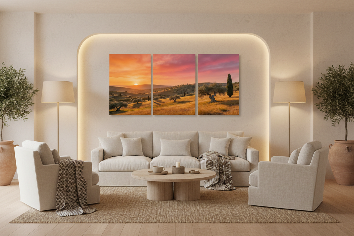 Mediterranean golden sunset olive grove triptych canvas wall art in luxury spa relaxation lounge - Portugal Canvas Co