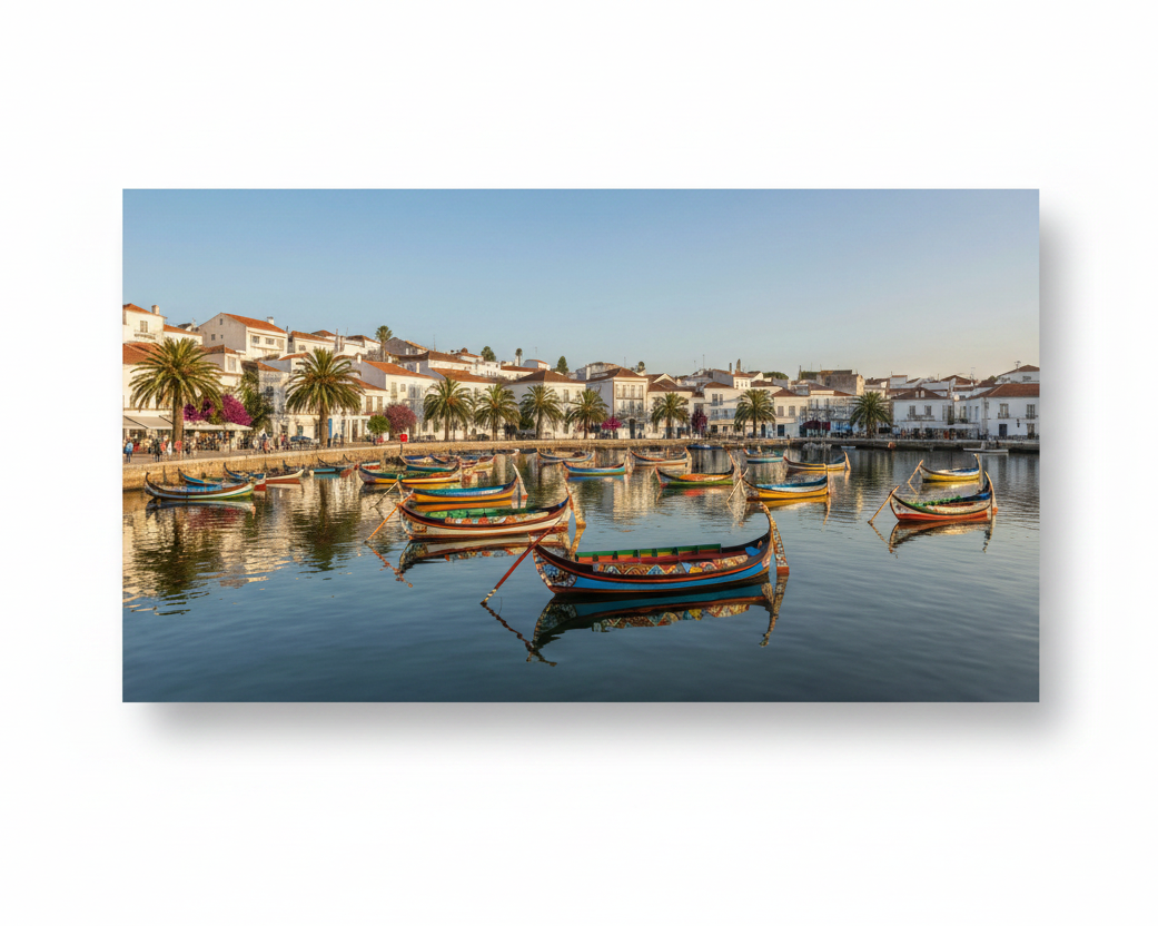 Traditional Portuguese fishing boats colourful harbour canvas wall art on white background - Portugal Canvas Co