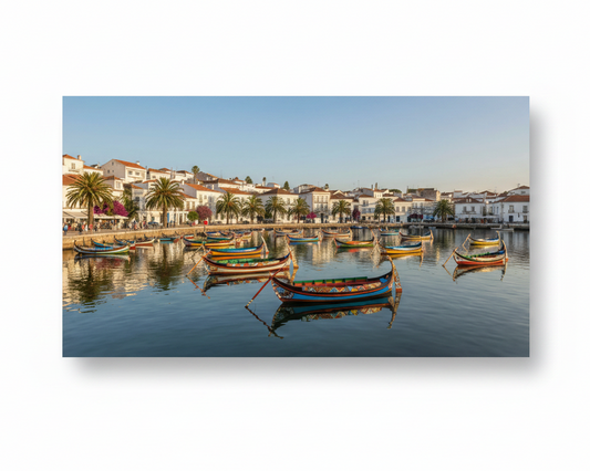 Traditional Portuguese fishing boats colourful harbour canvas wall art on white background - Portugal Canvas Co