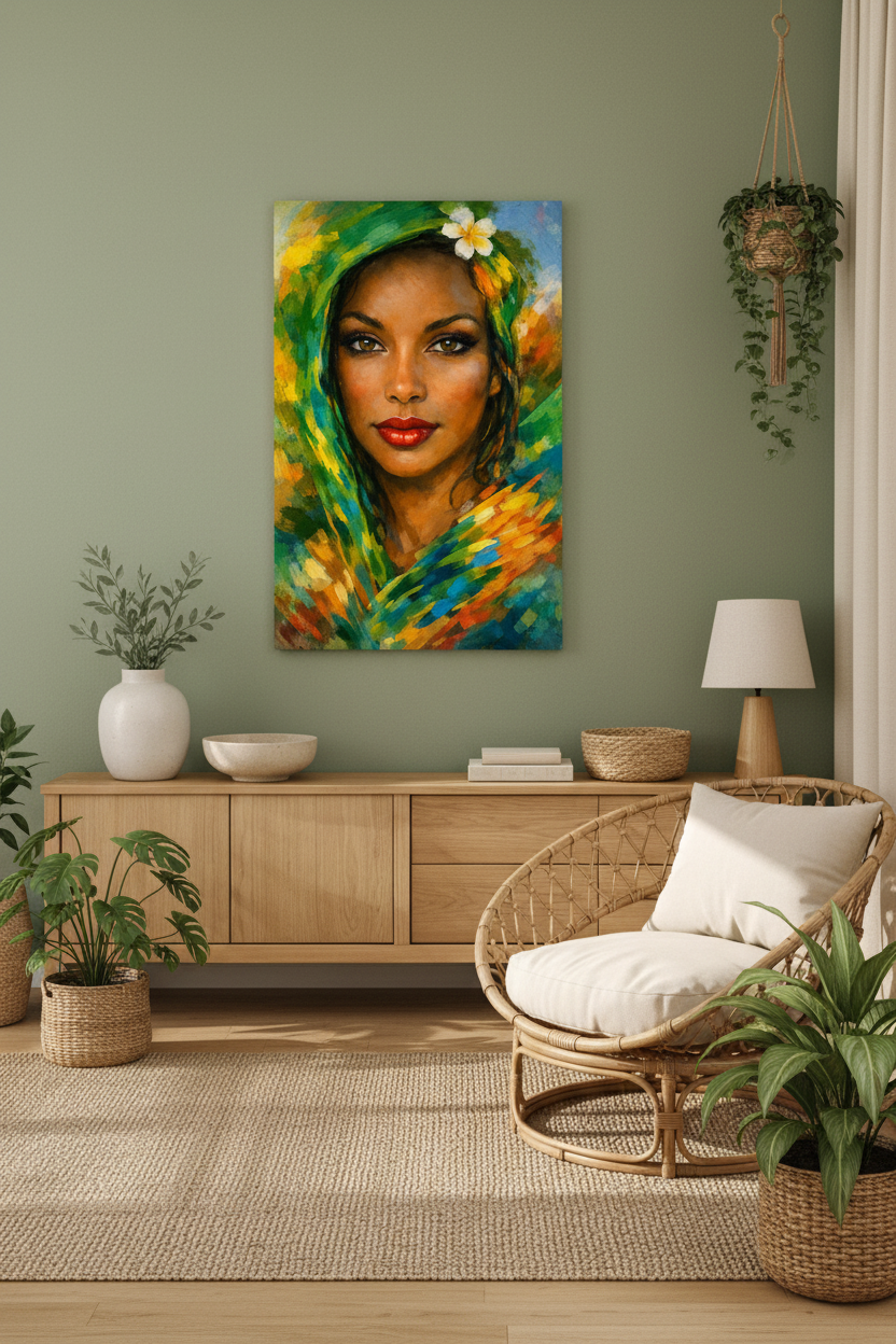 Vibrant colourful woman portrait canvas wall art on a sage green wall in a bright bohemian living room with rattan furniture - Portugal Canvas Co