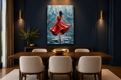 Red dress dancer portrait canvas displayed in a luxury dining room - Portugal Canvas Co