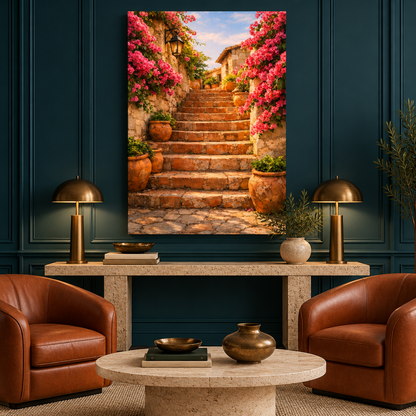 Pink bougainvillea and golden stone staircase canvas in a deep teal luxury lounge with cognac seating - Portugal Canvas Co