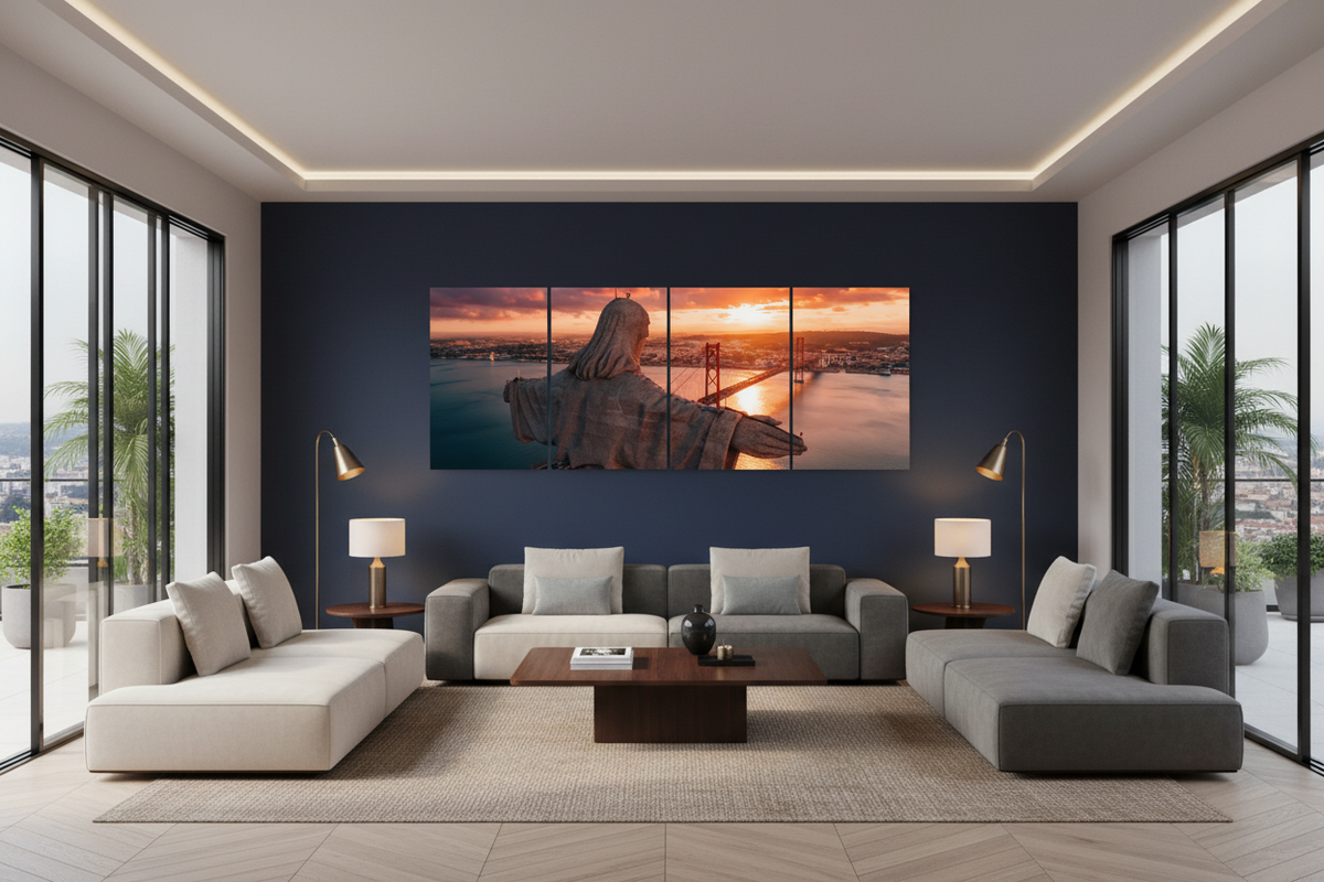 Four-panel Cristo Rei Lisbon canvas wall art in a sophisticated Lisbon hotel lounge - Portugal Canvas Co