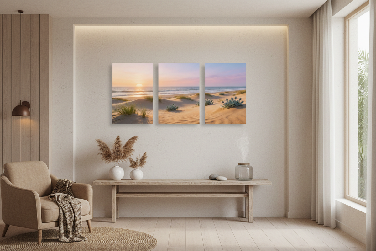 Mediterranean beach sunset triptych canvas print displayed in a luxury hotel spa lounge - Portugal Canvas Co