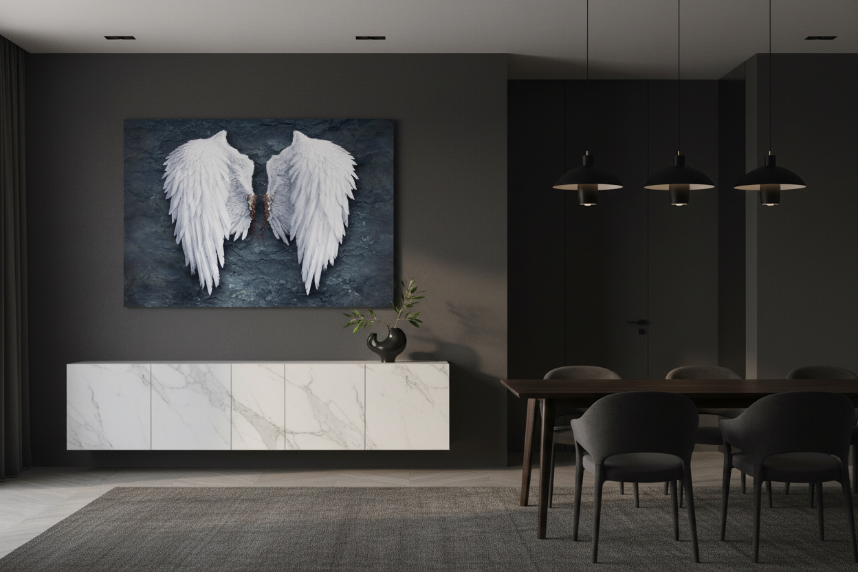 White angel wings on dark textured background canvas wall art displayed above a marble sideboard in a modern dining room with dark walls and elegant pendant lighting - Portugal Canvas Co