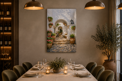 Mediterranean courtyard canvas in an elegant restaurant private dining room - Portugal Canvas Co