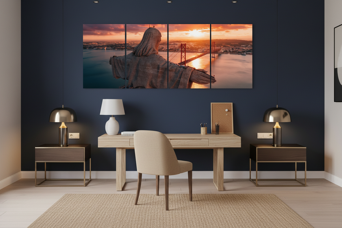 Four-panel Cristo Rei Lisbon canvas wall art in a bright home office - Portugal Canvas Co